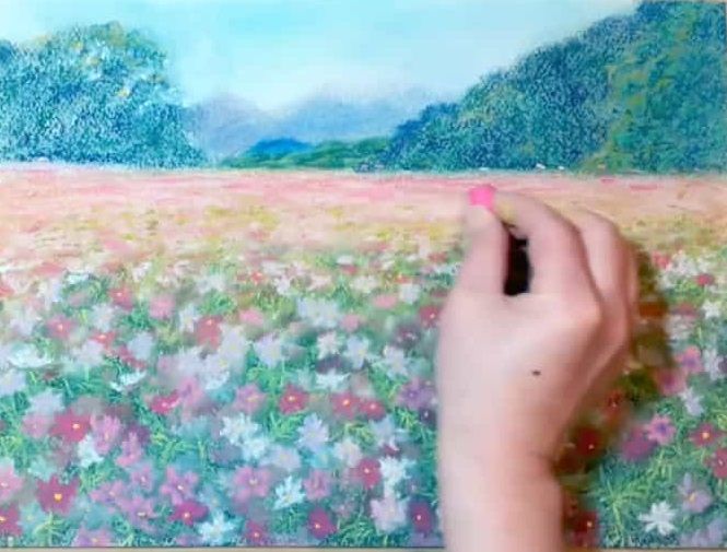 主にソフトパステルで描いたコスモス畑の作品