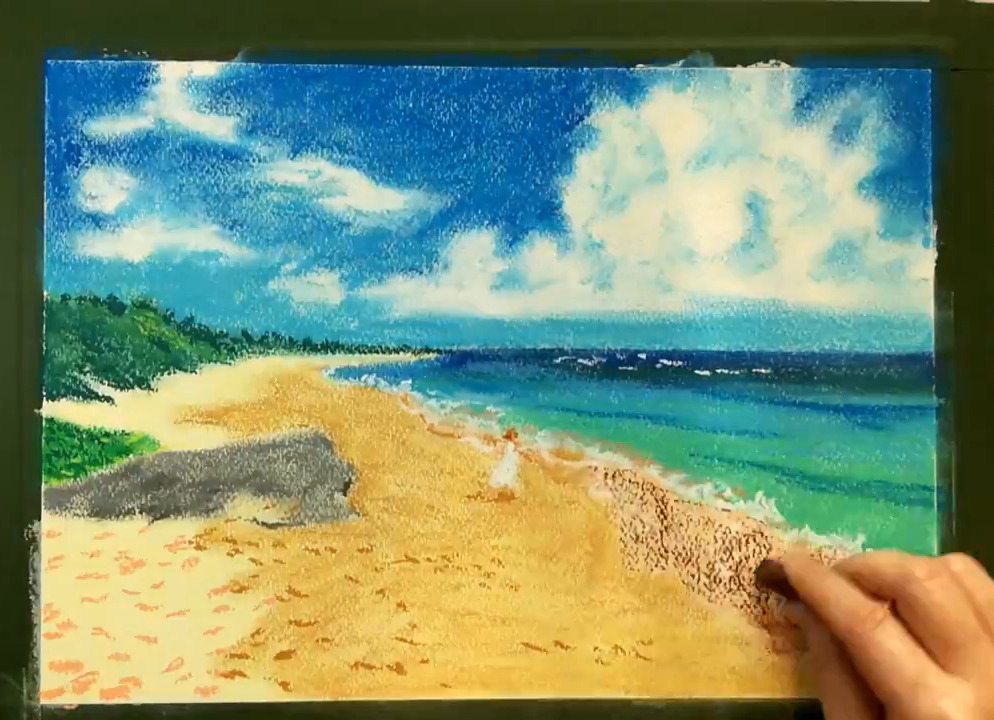 【海描き方】浜辺の海を簡単に描くコツ／オイルパステルで風景画を描いてみよう！ | パステル画を描く