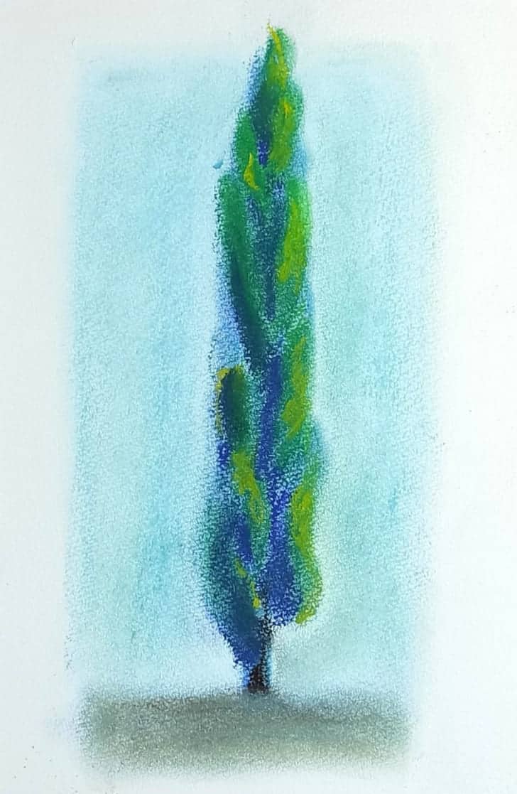 パステルで描いた細長い三角形の糸杉の木