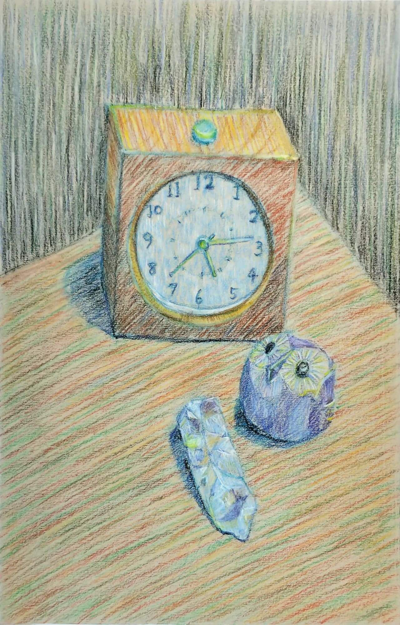 パステル色鉛筆で雑貨をハッチングで描いた完成作品